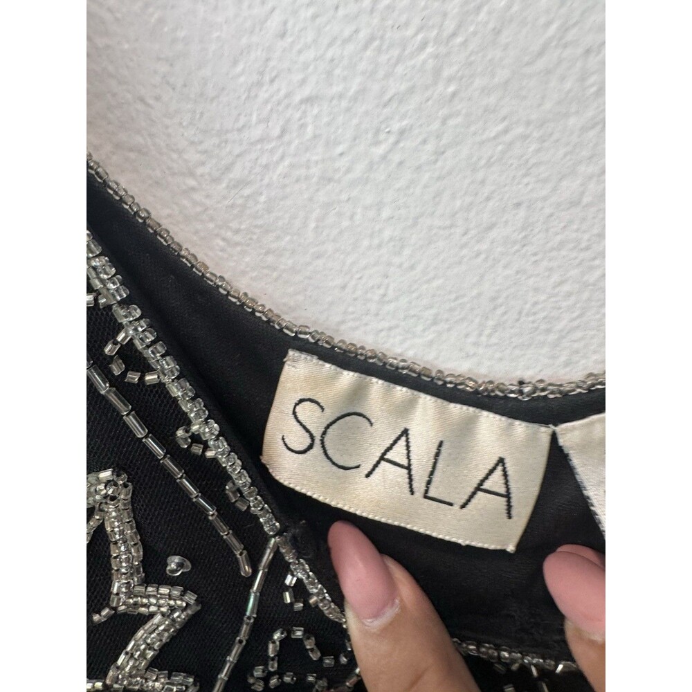 Vtg Y2K Scala Black Sheer Mesh Beaded Silver Sequin Cap Sleeve Top M Whimsigoth - Picture 11 of 12